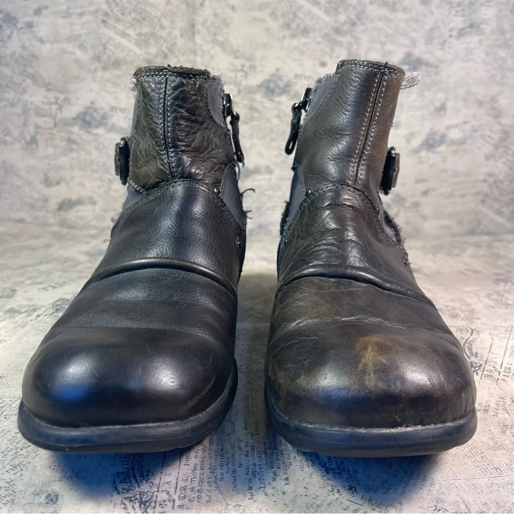 Replay Leather & Denim Deconstructed Biker Ankle Boots Zip Side Moto Boots